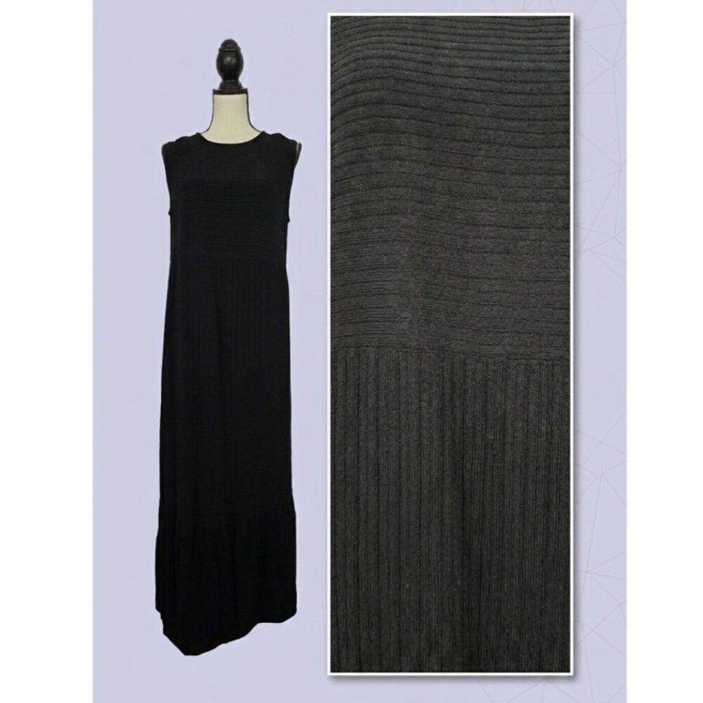 VTG Eileen Fisher Black Rayon Ribbed Maxi Dress Sleeveless Made in USA Sz L - Picture 1 of 9